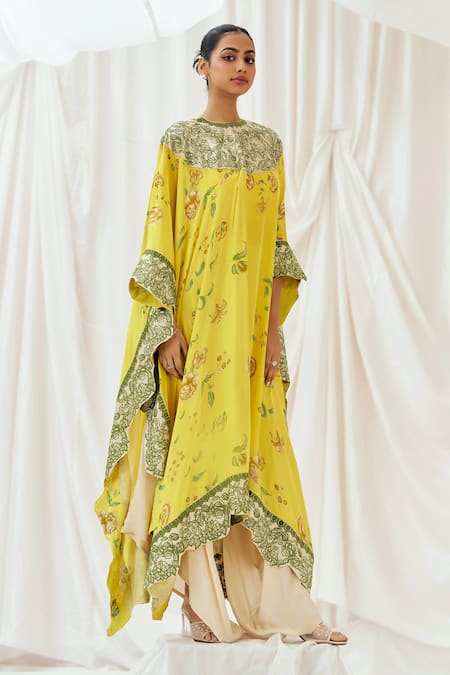 Redpine Designs_Yellow Viscose, Crepe Embroidery Round Neck Printed Kaftan With Dhoti Pant _Online_at_Aza_Fashions
