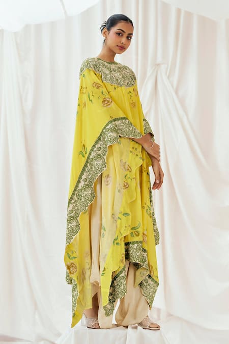 Buy_Redpine Designs_Yellow Viscose, Crepe Embroidery Round Neck Printed Kaftan With Dhoti Pant _Online_at_Aza_Fashions