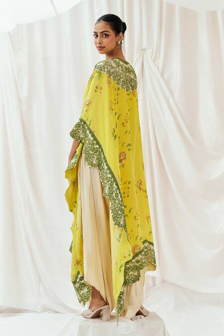 Shop_Redpine Designs_Yellow Viscose, Crepe Embroidery Round Neck Printed Kaftan With Dhoti Pant _Online_at_Aza_Fashions