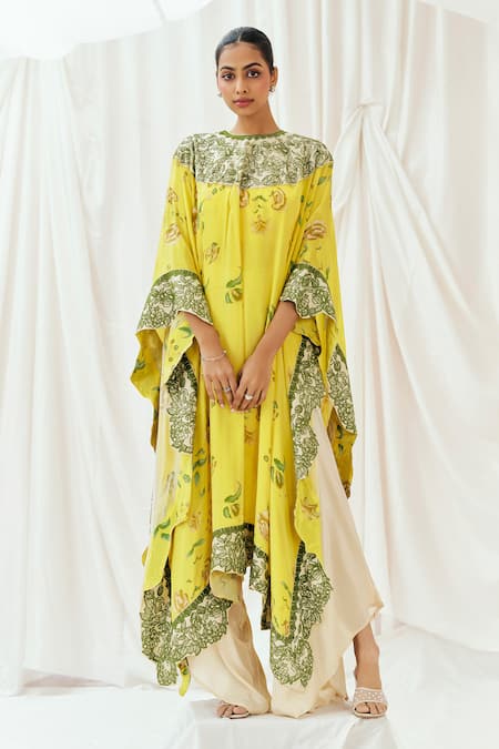 Redpine Designs Yellow Viscose, Crepe Embroidery Round Neck Printed Kaftan With Dhoti Pant