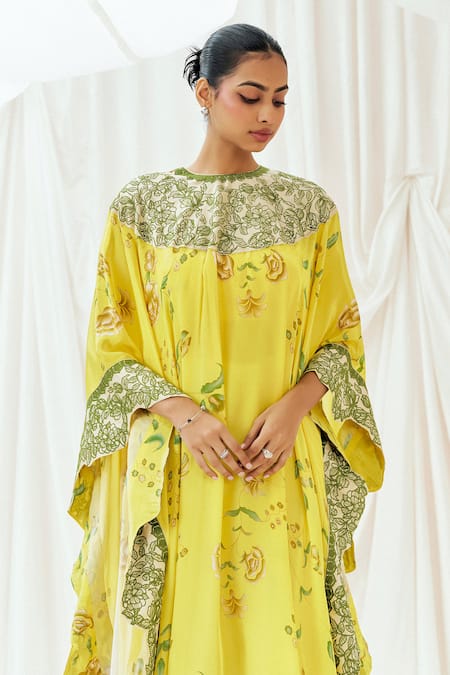 Redpine Designs_Yellow Viscose, Crepe Embroidery Round Neck Printed Kaftan With Dhoti Pant _at_Aza_Fashions