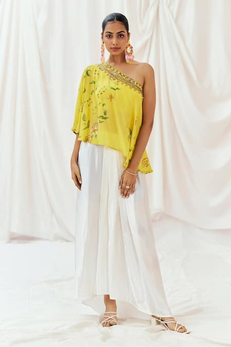 Redpine Designs Yellow Viscose, Modal Sequins Asymmetric, One Printed Top Draped Skirt Set Online at Aza Fashions Redpine Designs_Yellow Viscose, Modal Sequins Asymmetric, One Printed Top Draped Skirt Set _Online_at_Aza_Fashions