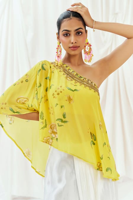 Redpine Designs Yellow Viscose, Modal Sequins Asymmetric, One Printed Top Draped Skirt Set at Aza Fashions Redpine Designs_Yellow Viscose, Modal Sequins Asymmetric, One Printed Top Draped Skirt Set _at_Aza_Fashions
