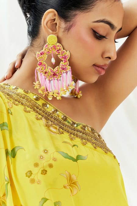 Buy Redpine Designs Yellow Viscose, Modal Sequins Asymmetric, One Printed Top Draped Skirt Set Buy_Redpine Designs_Yellow Viscose, Modal Sequins Asymmetric, One Printed Top Draped Skirt Set