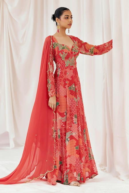 Redpine Designs Red Viscose Georgette, Viscose, Organza Sequins, Printed Anarkali With Dupatta Online at Aza Fashions Redpine Designs_Red Viscose Georgette, Viscose, Organza Sequins, Printed Anarkali With Dupatta _Online_at_Aza_Fashions