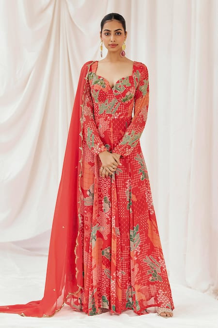 Redpine Designs Red Viscose Georgette, Viscose, Organza Sequins, Printed Anarkali With Dupatta 