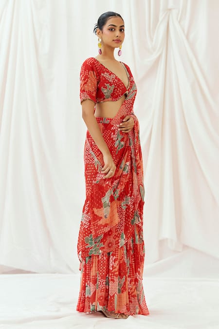 Redpine Designs Red Viscose Georgette Sequins V-neck Printed Pre-draped Saree With Blouse Online at Aza Fashions Redpine Designs_Red Viscose Georgette Sequins V-neck Printed Pre-draped Saree With Blouse _Online_at_Aza_Fashions