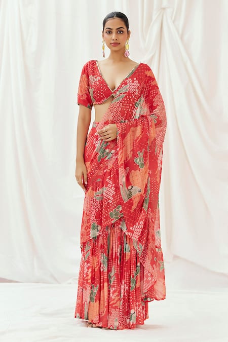 Redpine Designs Red Viscose Georgette Sequins V-neck Printed Pre-draped Saree With Blouse