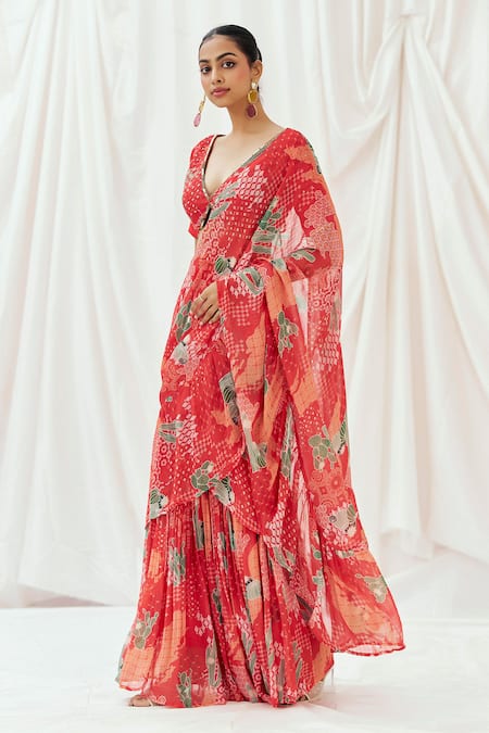 Buy Redpine Designs Red Viscose Georgette Sequins V-neck Printed Pre-draped Saree With Blouse Online at Aza Fashions Buy_Redpine Designs_Red Viscose Georgette Sequins V-neck Printed Pre-draped Saree With Blouse _Online_at_Aza_Fashions