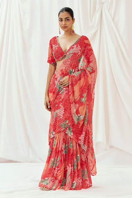 Shop Redpine Designs Red Viscose Georgette Sequins V-neck Printed Pre-draped Saree With Blouse Online at Aza Fashions Shop_Redpine Designs_Red Viscose Georgette Sequins V-neck Printed Pre-draped Saree With Blouse _Online_at_Aza_Fashions