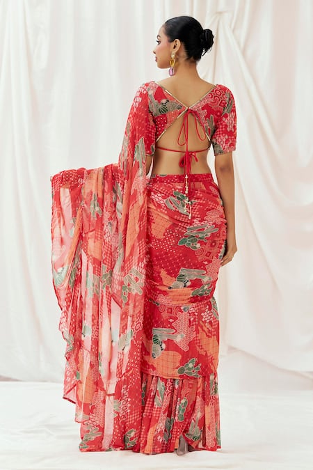 Redpine Designs Printed Pre-Draped Saree With Blouse 