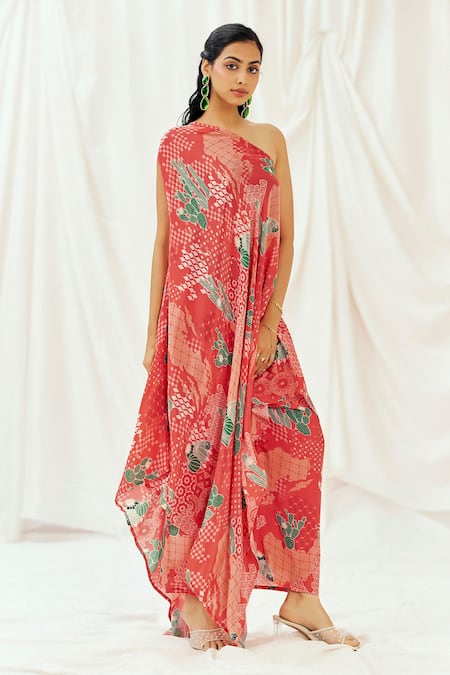 Redpine Designs_Red Viscose, Crepe One Shoulder Printed Kaftan With Pant _Online_at_Aza_Fashions