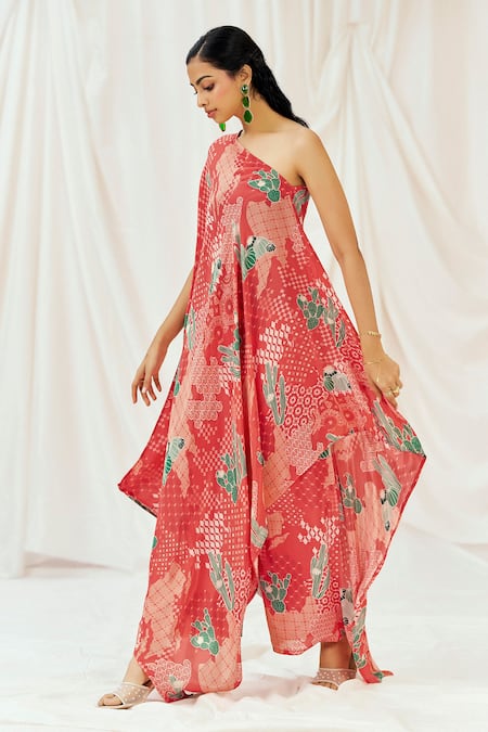 Buy_Redpine Designs_Red Viscose, Crepe One Shoulder Printed Kaftan With Pant _Online_at_Aza_Fashions