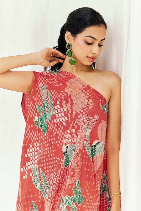 Shop_Redpine Designs_Red Viscose, Crepe One Shoulder Printed Kaftan With Pant _Online_at_Aza_Fashions