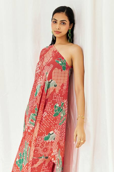Redpine Designs_Red Viscose, Crepe One Shoulder Printed Kaftan With Pant _at_Aza_Fashions
