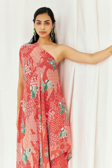 Buy_Redpine Designs_Red Viscose, Crepe One Shoulder Printed Kaftan With Pant 