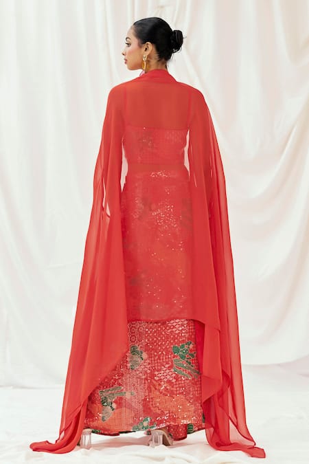 Redpine Designs Printed Cape Draped Skirt Set 