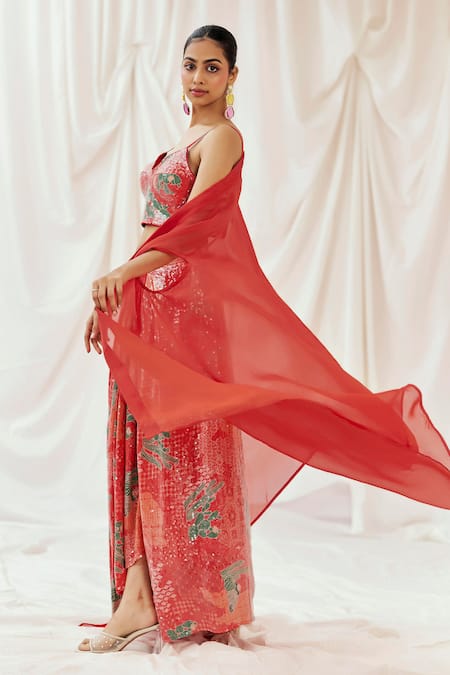 Redpine Designs_Red Viscose, Crepe Sequins V-, Open Printed Cape Draped Skirt Set _Online_at_Aza_Fashions