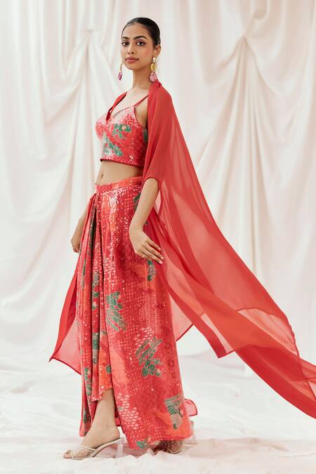 Buy_Redpine Designs_Red Viscose, Crepe Sequins V-, Open Printed Cape Draped Skirt Set _Online_at_Aza_Fashions