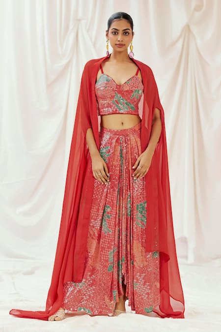 Redpine Designs Red Viscose, Crepe Sequins V-, Open Printed Cape Draped Skirt Set 