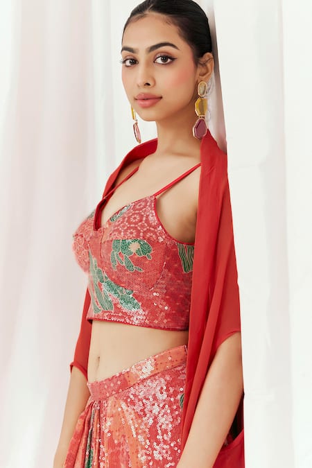 Shop_Redpine Designs_Red Viscose, Crepe Sequins V-, Open Printed Cape Draped Skirt Set _Online_at_Aza_Fashions