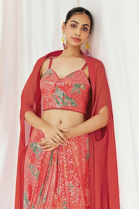 Redpine Designs_Red Viscose, Crepe Sequins V-, Open Printed Cape Draped Skirt Set _at_Aza_Fashions