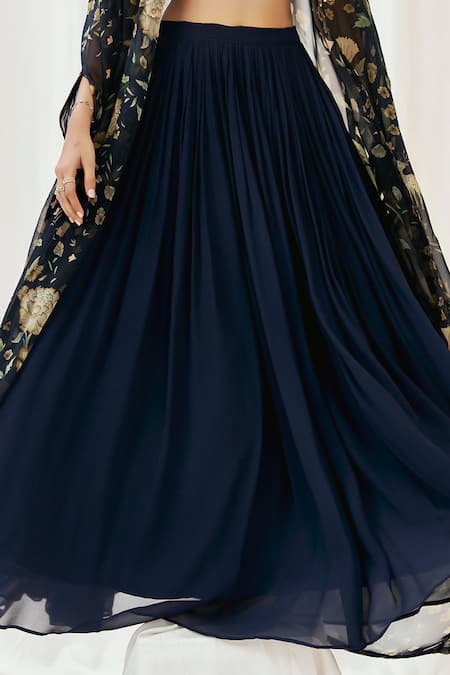 Redpine Designs_Navy Viscose Georgette, Viscose, Organza Sequins, Embroidery Cape Lehenga Set _Online_at_Aza_Fashions
