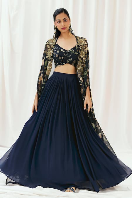Buy_Redpine Designs_Navy Viscose Georgette, Viscose, Organza Sequins, Embroidery Cape Lehenga Set _Online_at_Aza_Fashions