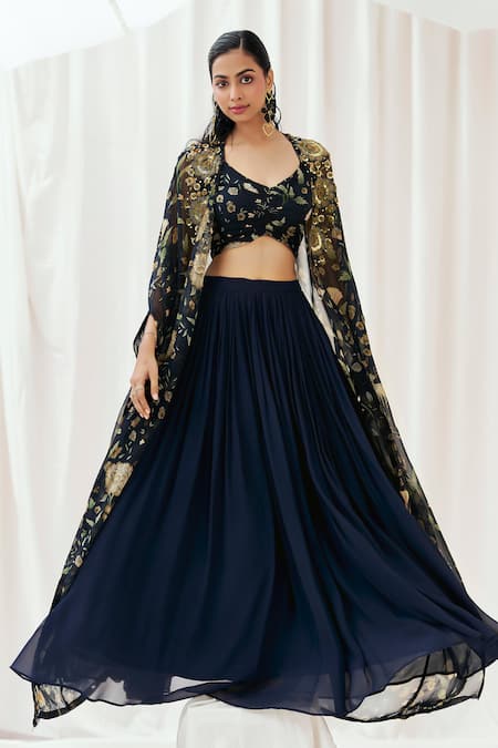 Shop_Redpine Designs_Navy Viscose Georgette, Viscose, Organza Sequins, Embroidery Cape Lehenga Set _Online_at_Aza_Fashions