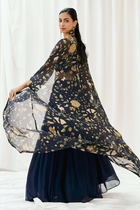 Redpine Designs_Navy Viscose Georgette, Viscose, Organza Sequins, Embroidery Cape Lehenga Set _at_Aza_Fashions