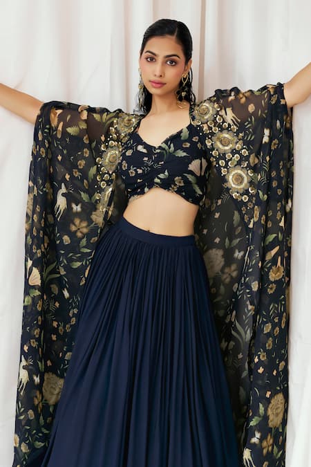 Buy_Redpine Designs_Navy Viscose Georgette, Viscose, Organza Sequins, Embroidery Cape Lehenga Set 