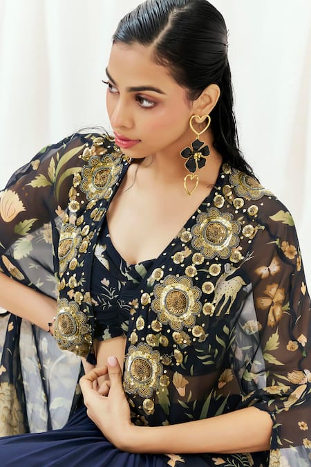 Shop_Redpine Designs_Navy Viscose Georgette, Viscose, Organza Sequins, Embroidery Cape Lehenga Set 