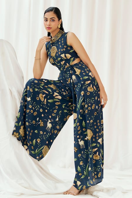 Buy Redpine Designs Navy Viscose, Crepe Sequins High Neck Printed And Embroidered Jumpsuit Online at Aza Fashions Buy_Redpine Designs_Navy Viscose, Crepe Sequins High Neck Printed And Embroidered Jumpsuit _Online_at_Aza_Fashions