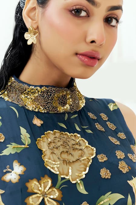 Shop Redpine Designs Navy Viscose, Crepe Sequins High Neck Printed And Embroidered Jumpsuit Online at Aza Fashions Shop_Redpine Designs_Navy Viscose, Crepe Sequins High Neck Printed And Embroidered Jumpsuit _Online_at_Aza_Fashions