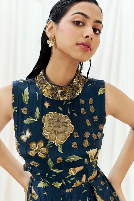 Redpine Designs Navy Viscose, Crepe Sequins High Neck Printed And Embroidered Jumpsuit at Aza Fashions Redpine Designs_Navy Viscose, Crepe Sequins High Neck Printed And Embroidered Jumpsuit _at_Aza_Fashions