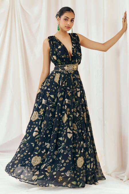 Redpine Designs_Navy Viscose, Organza Sequins V-neck Printed And Embroidered Gown _Online_at_Aza_Fashions