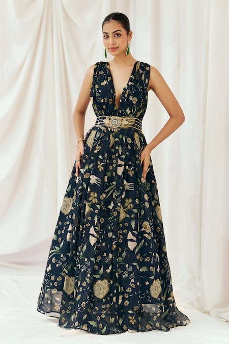 Redpine Designs Navy Viscose, Organza Sequins V-neck Printed And Embroidered Gown