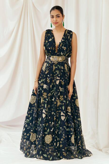 Shop_Redpine Designs_Navy Viscose, Organza Sequins V-neck Printed And Embroidered Gown _Online_at_Aza_Fashions