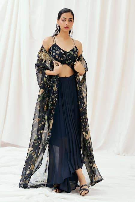 Redpine Designs_Navy , Organza, Georgette Printed Cape Draped Skirt Set _Online_at_Aza_Fashions