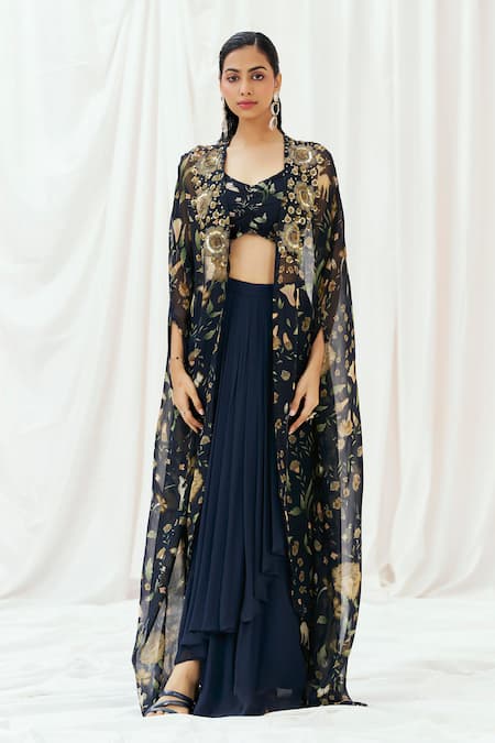 Buy_Redpine Designs_Navy , Organza, Georgette Printed Cape Draped Skirt Set _Online_at_Aza_Fashions