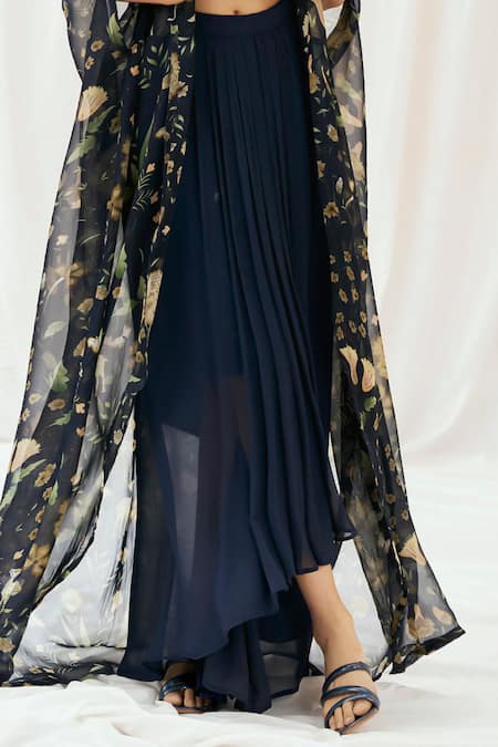 Shop_Redpine Designs_Navy , Organza, Georgette Printed Cape Draped Skirt Set _Online_at_Aza_Fashions