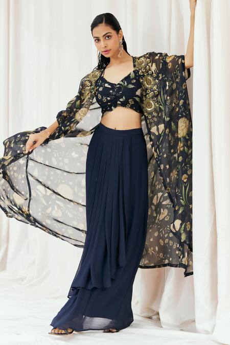 Redpine Designs_Navy , Organza, Georgette Printed Cape Draped Skirt Set _at_Aza_Fashions