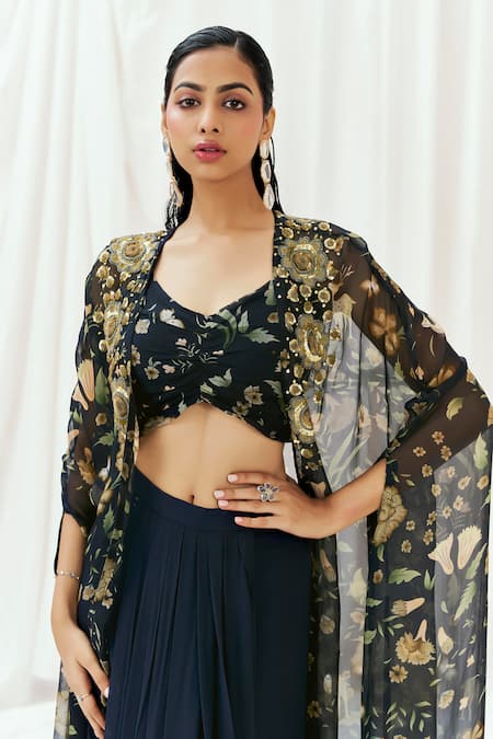 Buy_Redpine Designs_Navy , Organza, Georgette Printed Cape Draped Skirt Set 