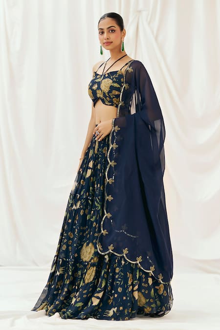 Redpine Designs Navy Georgette, Organza, Sequins, Embroidery Printed Lehenga Set Online at Aza Fashions Redpine Designs_Navy Georgette, Organza, Sequins, Embroidery Printed Lehenga Set _Online_at_Aza_Fashions