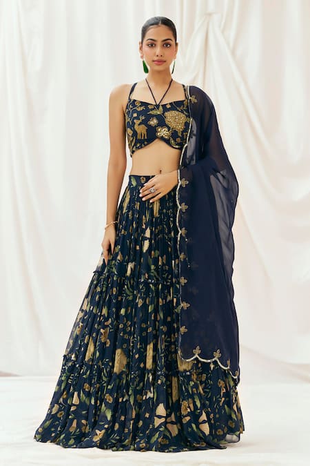 Redpine Designs Navy Georgette, Organza, Sequins, Embroidery Printed Lehenga Set 