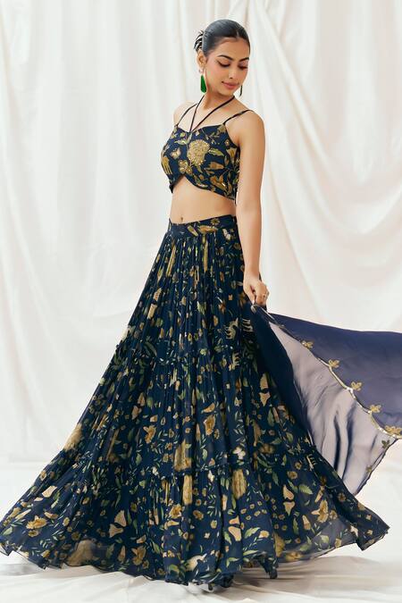 Buy Redpine Designs Navy Georgette, Organza, Sequins, Embroidery Printed Lehenga Set Online at Aza Fashions Buy_Redpine Designs_Navy Georgette, Organza, Sequins, Embroidery Printed Lehenga Set _Online_at_Aza_Fashions