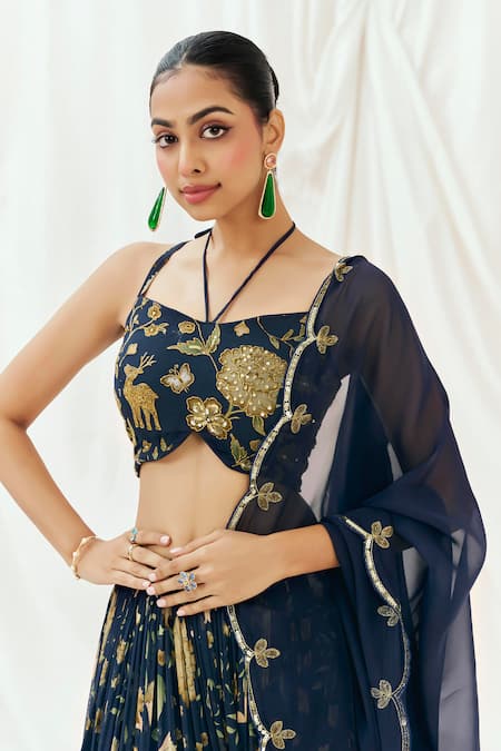 Shop Redpine Designs Navy Georgette, Organza, Sequins, Embroidery Printed Lehenga Set Online at Aza Fashions Shop_Redpine Designs_Navy Georgette, Organza, Sequins, Embroidery Printed Lehenga Set _Online_at_Aza_Fashions