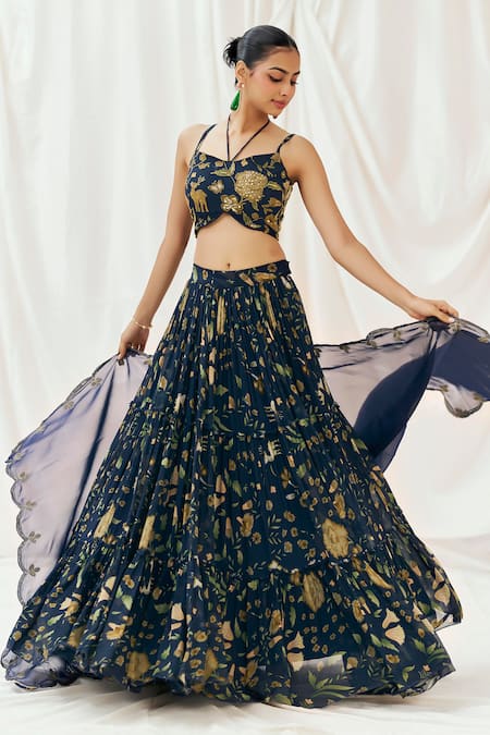 Buy Redpine Designs Navy Georgette, Organza, Sequins, Embroidery Printed Lehenga Set Buy_Redpine Designs_Navy Georgette, Organza, Sequins, Embroidery Printed Lehenga Set