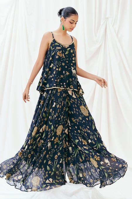 Redpine Designs_Navy Viscose Georgette Sequins V-neck Printed Peplum Kurta And Sharara Set _Online_at_Aza_Fashions