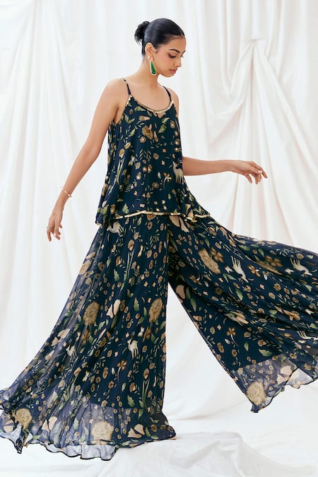 Buy_Redpine Designs_Navy Viscose Georgette Sequins V-neck Printed Peplum Kurta And Sharara Set _Online_at_Aza_Fashions